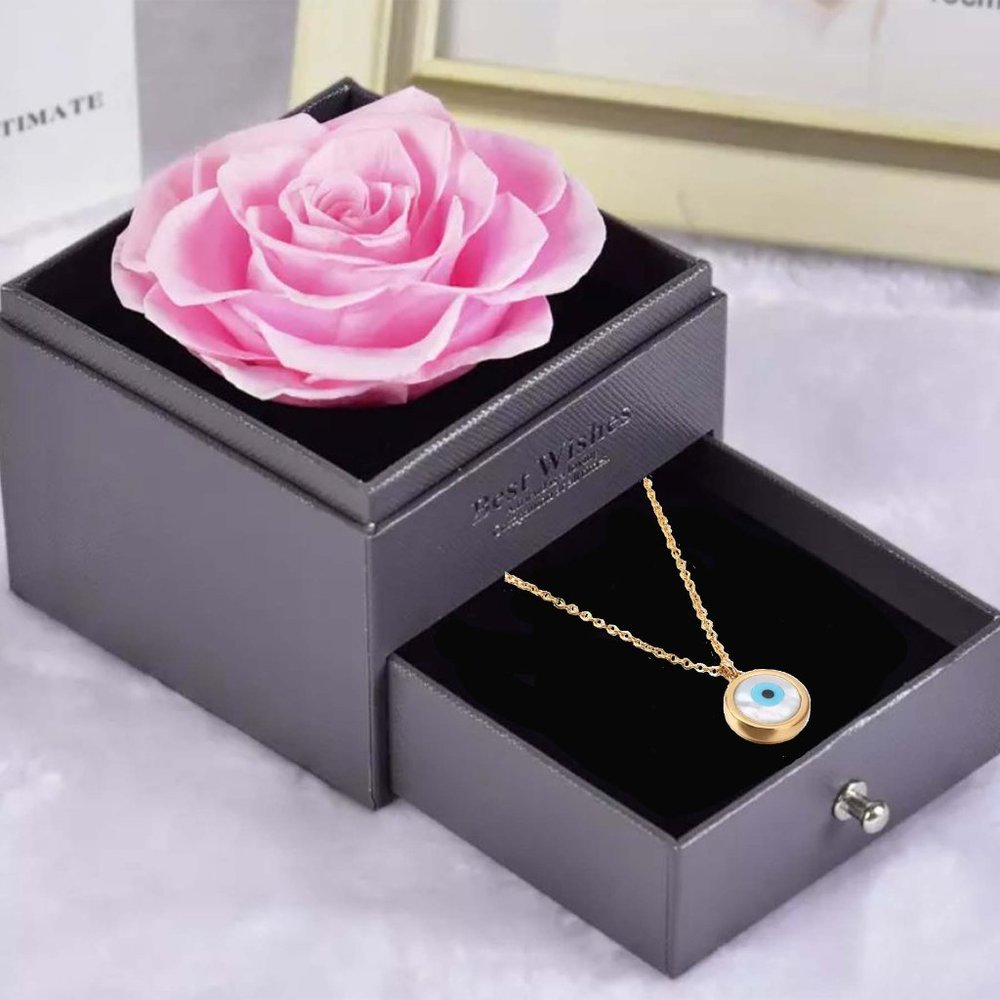 Preserved Rose In a Acrylic Box with 18K Real Gold Plated Evil Eye Necklace